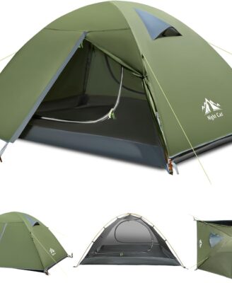 Night Cat 2-Persons Backpacking Tent: Waterproof Lightweight Camping Tent for Two People Hiking Outdoor Mountain with Aluminum Poles and Rainfly Green