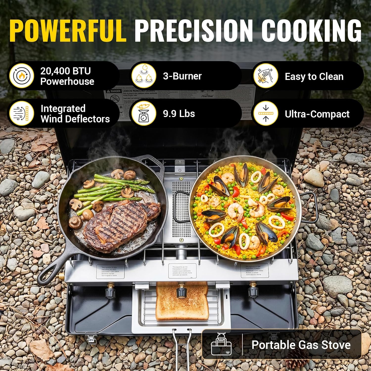 FineFlame Camping Stove, Propane Portable Camp Stove with Regulator, Push-Button Instant Ignition, Adjustable Burners & Wind Guards for Car BBQ Picnics Outdoor Camping Cooking (20400 BTUs-3 Burners) - Image 2