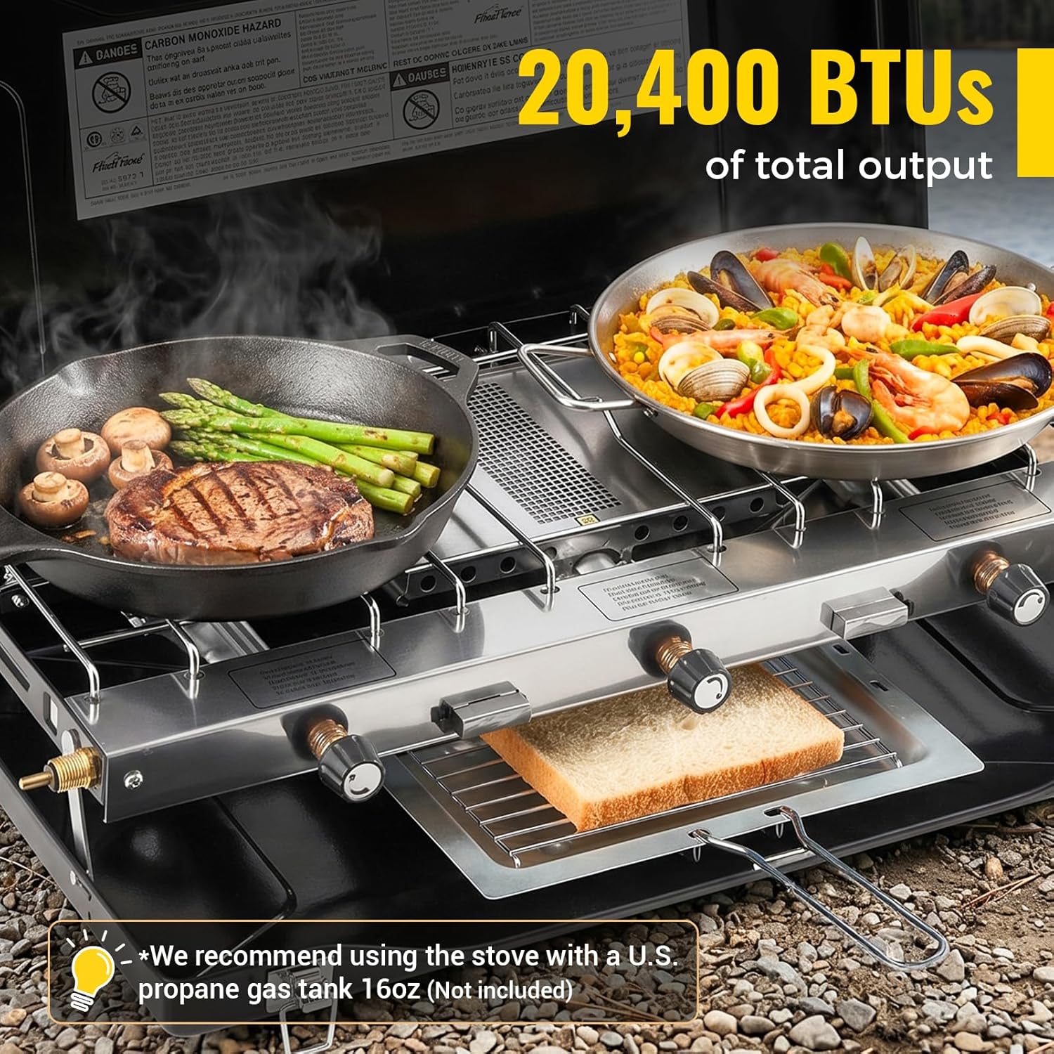 FineFlame Camping Stove, Propane Portable Camp Stove with Regulator, Push-Button Instant Ignition, Adjustable Burners & Wind Guards for Car BBQ Picnics Outdoor Camping Cooking (20400 BTUs-3 Burners) - Image 3