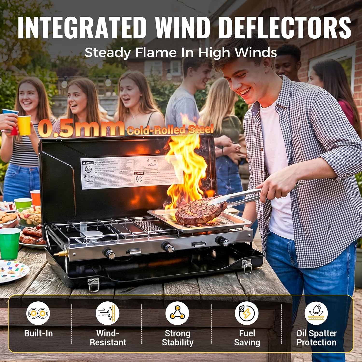 FineFlame Camping Stove, Propane Portable Camp Stove with Regulator, Push-Button Instant Ignition, Adjustable Burners & Wind Guards for Car BBQ Picnics Outdoor Camping Cooking (20400 BTUs-3 Burners) - Image 5