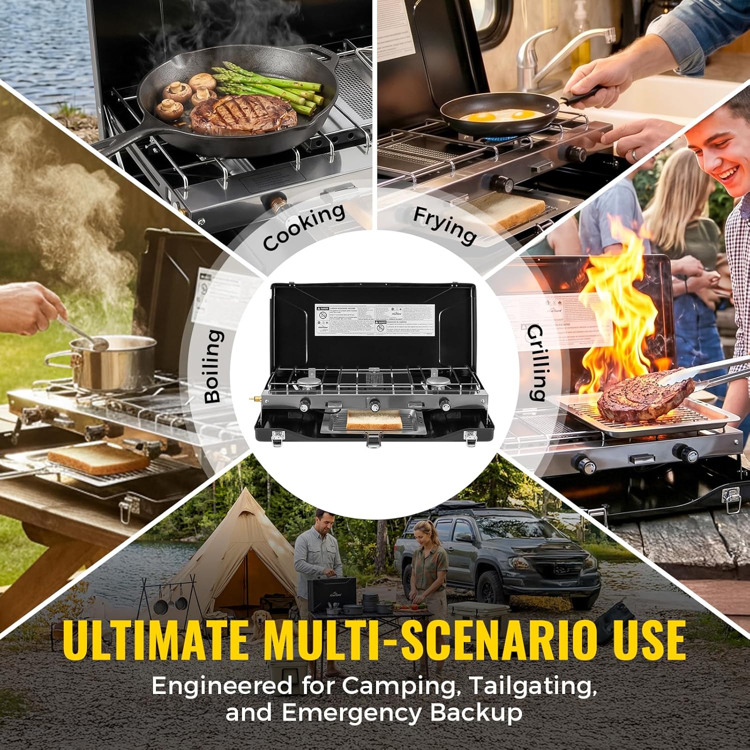 FineFlame Camping Stove, Propane Portable Camp Stove with Regulator, Push-Button Instant Ignition, Adjustable Burners & Wind Guards for Car BBQ Picnics Outdoor Camping Cooking (20400 BTUs-3 Burners) - Image 6